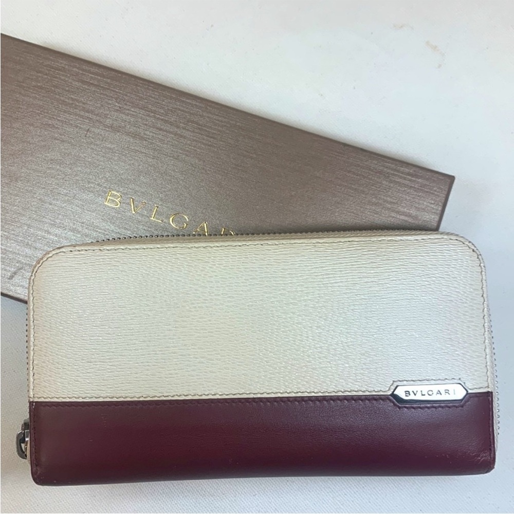 EUC Bulgari Long Zippy Leather Wallet, Box, Tissue Paper. Cream and Burgundy